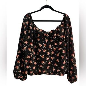 Missguided Black and Pink Floral Long Sleeve Blouse Size 10 Large